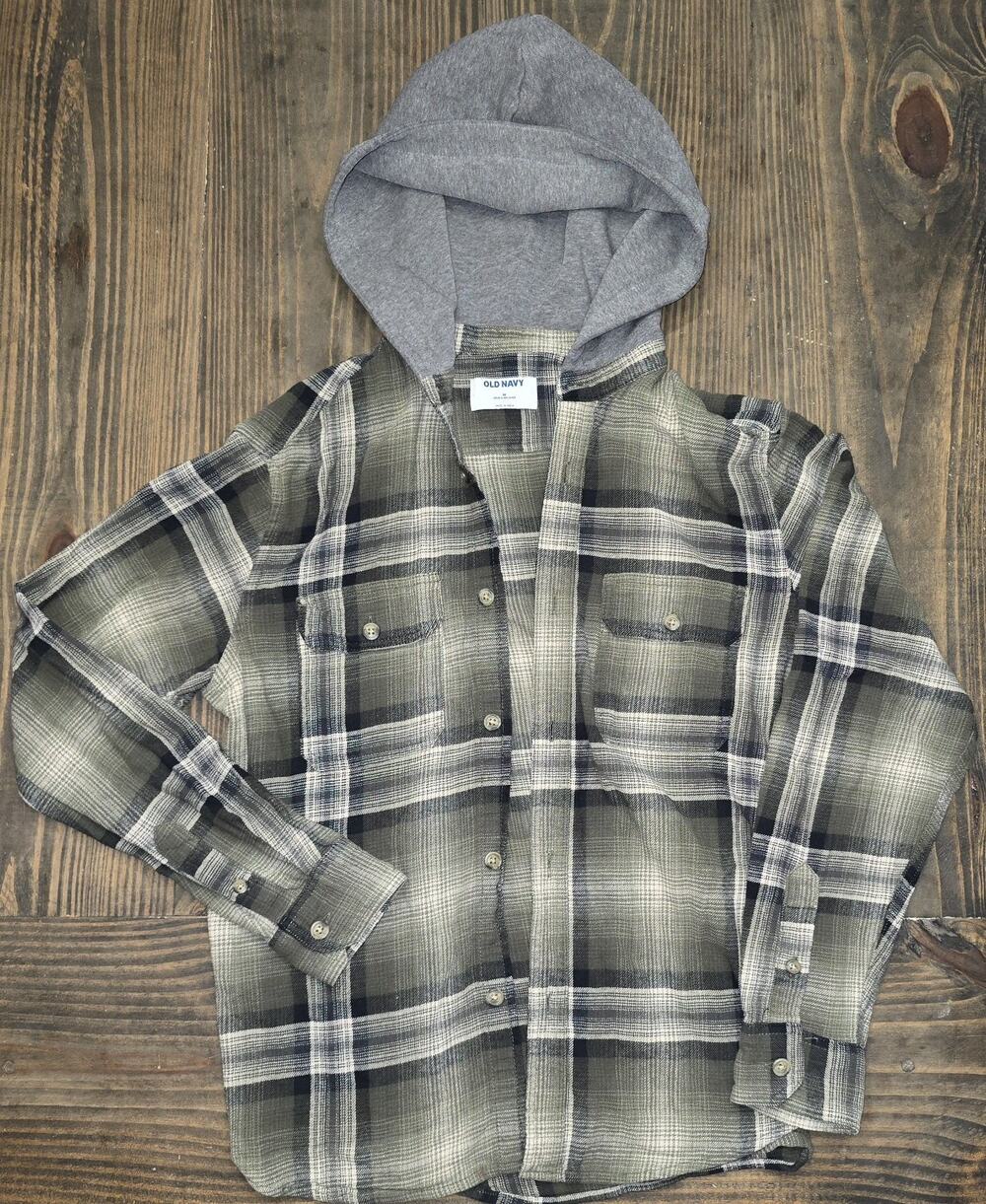 Old Navy Hooded Flannel Shirt green Plaid Men's size medium